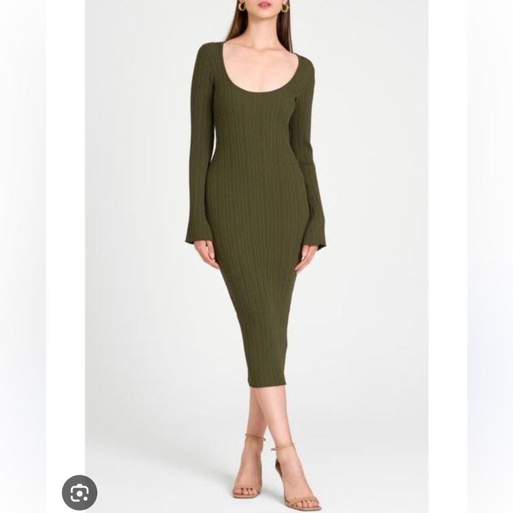 Wayf Alexi Green Ribbed Long Sleeve Bodycon Midi Dress New